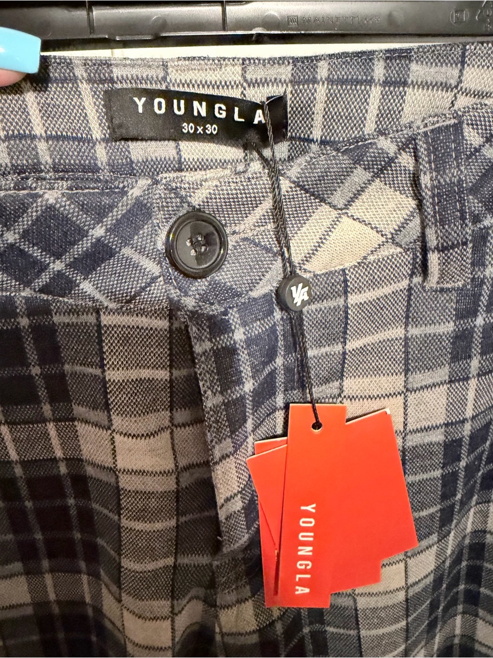 YoungLA Navy and Cream Plaid Button-Front Pants
